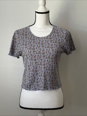 American Eagle Floral Ribbed Blue Baby Short Sleeve Top, Size Large